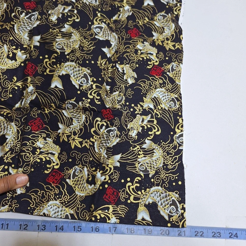Black Gold Koi Fish Adhesive Fabric Lot 2 Fusible Iron-On Craft Pieces 29x14.5